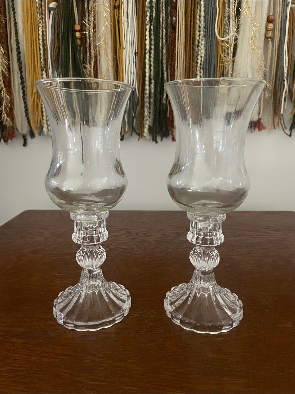 Pair of Clear Glass Candle Holders - Elegant Scroll Stem